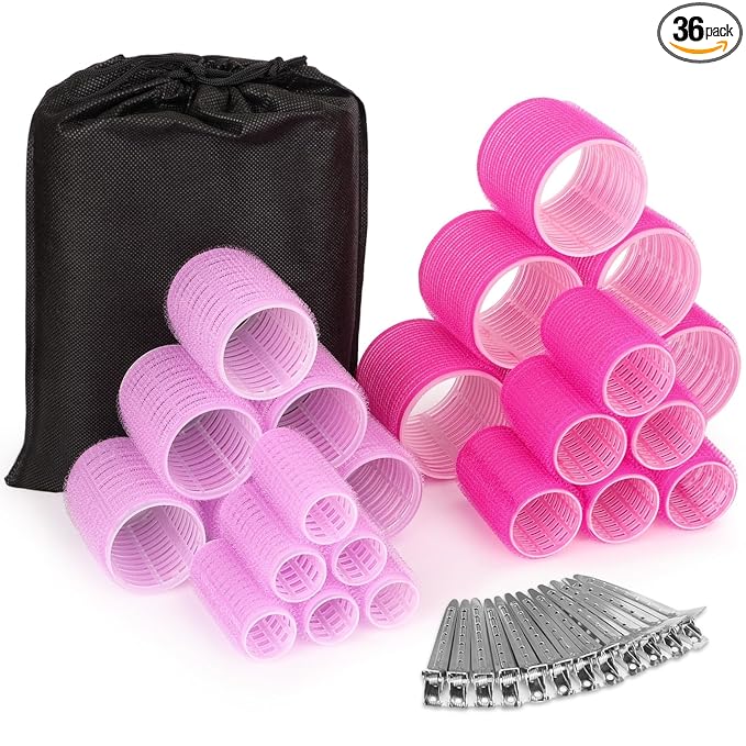 Rollers Hair Curlers Set - 36 Pieces with 4 Sizes (6 Jumbo, 6 Large, 6 Medium & 6 Small Curlers), 12 Hair Clips for Long, Thick Hair, Pink