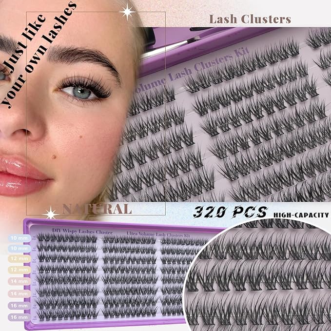 Wispy Lash Clusters Kit, Natural Lash Cluster Eyelash Extensions 320 Pcs C Curl 10-16mm Individual Fluffy False Eyelashes Thin Band DIY Kit for Beginners at Home with Bond Seal Remover Tweezers Brush