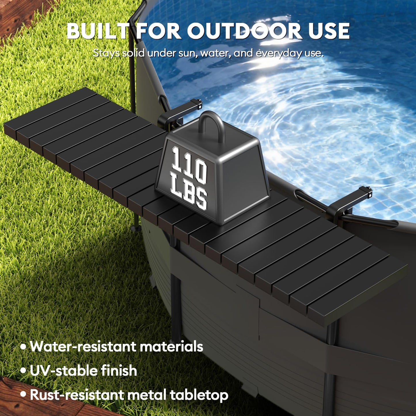 Pool Bar for Above Ground Pools, Stable Poolside Drink & Snack Table Supports Up to 110 lbs, Large Heavy-Duty Metal Poolside Bar Fits ≤4.4” Rails for Framed Round & Oval Pools, Ideal for Pool Parties