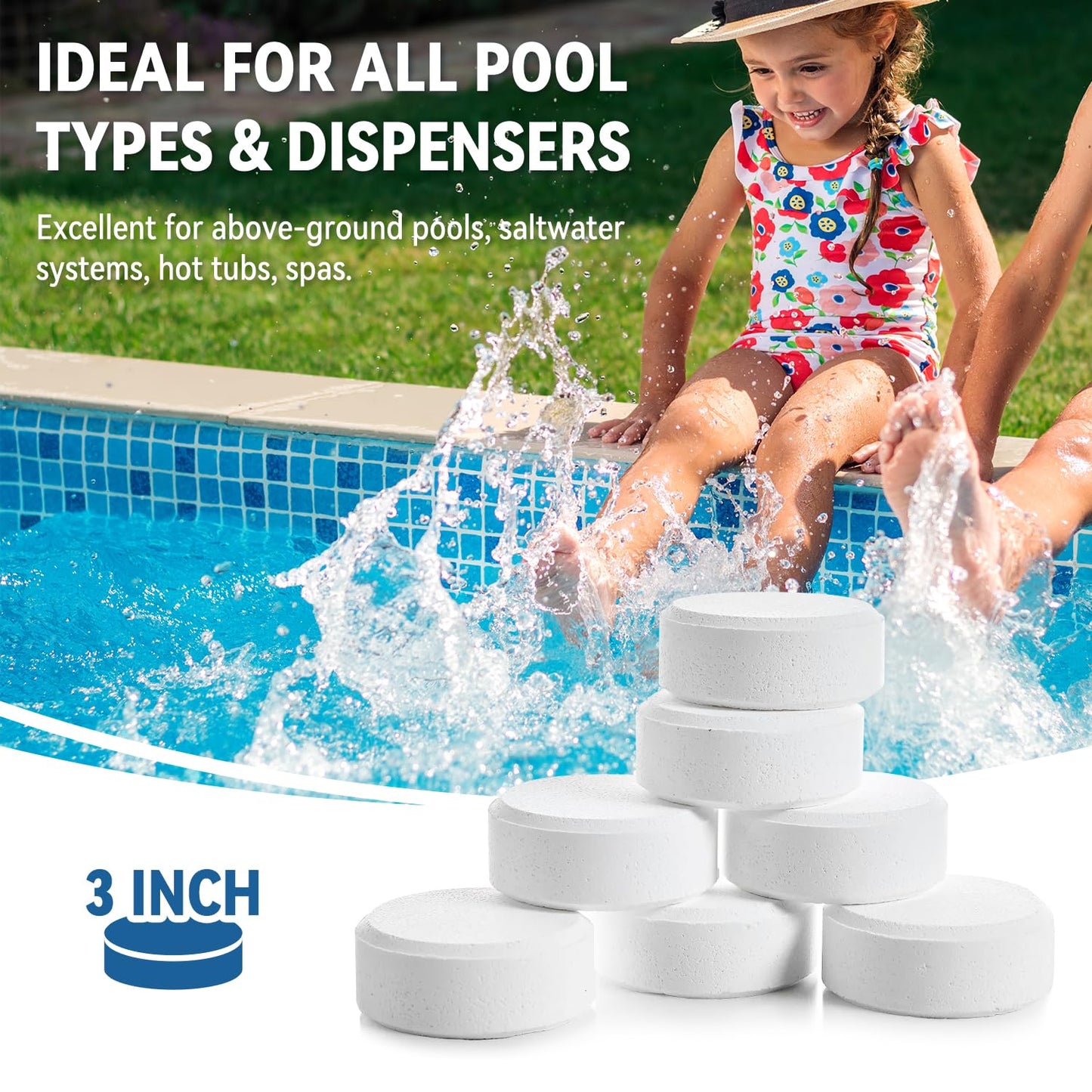 3 Inch Chlorine Tablets for Swimming Pools & Spas | 90% Available Chlorine Trichlor Pool Tablets | Long-Lasting Slow Dissolving Sanitizer for Clean & Clear Water (3inch-5Lbs)