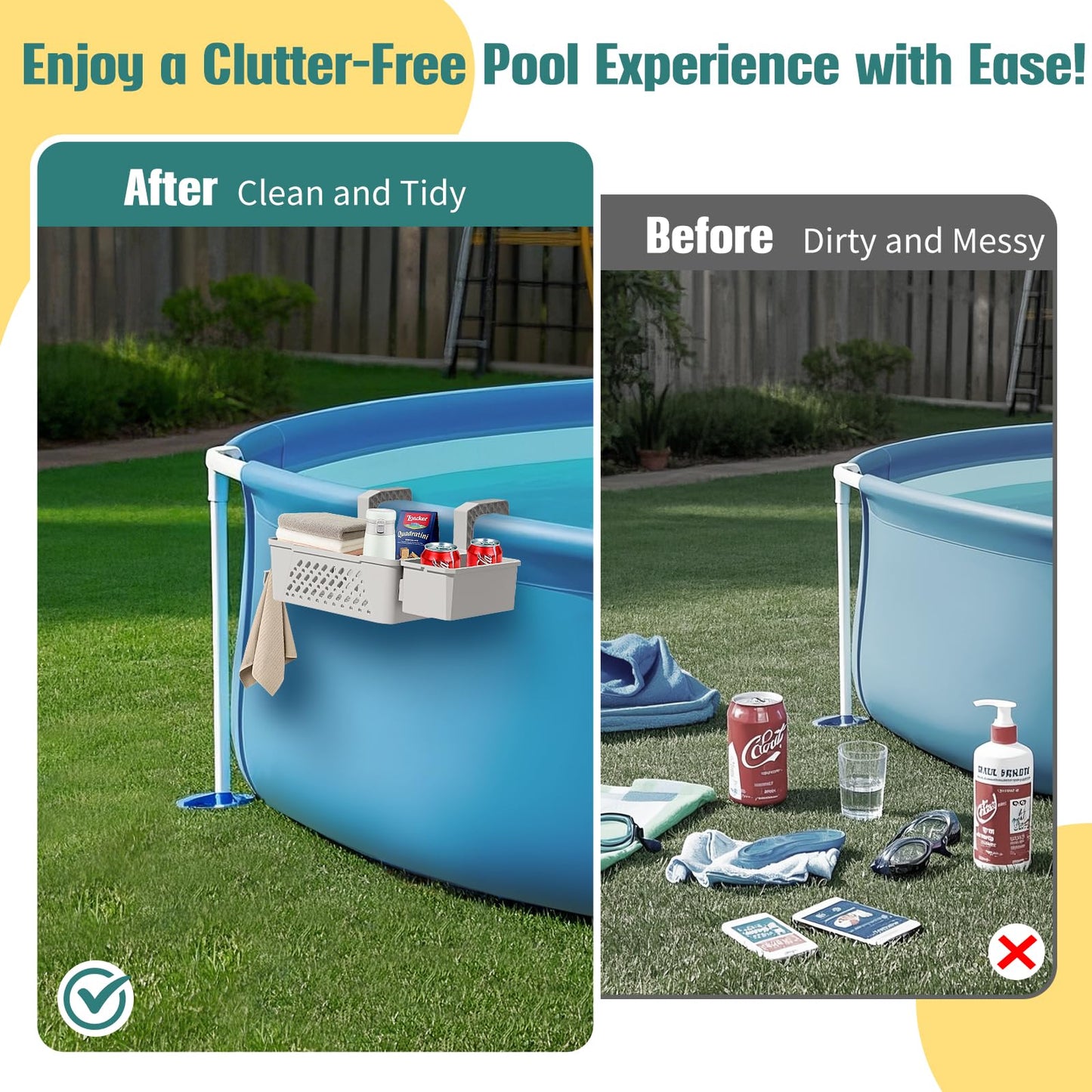 【2026 Upgrade】2-Pack Poolside Storage Basket with Cup Holder, Above Ground Pool Accessories, 3-in-1 Swimming Pool Hanging Storage Baskets to Organize Cups & Towels, Fits 3 Inch or Less Top Rail(Beige)