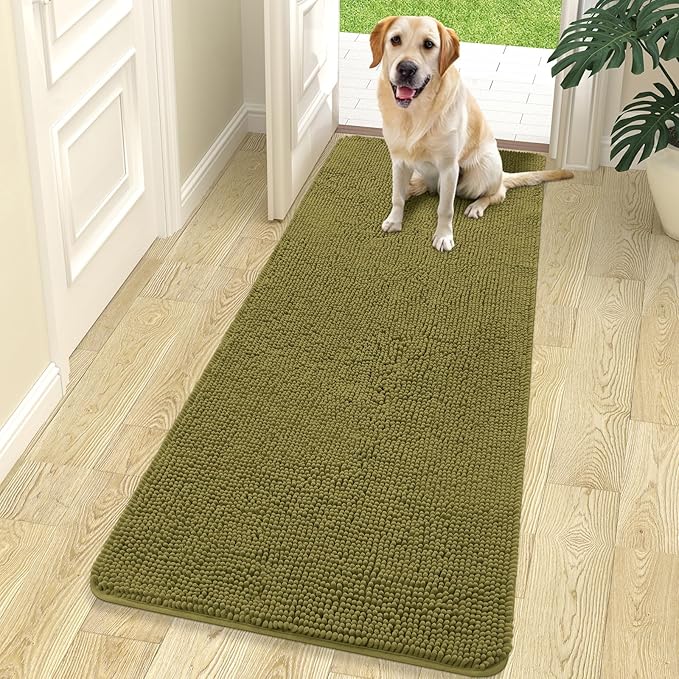 OLANLY Dog Door Mat for Muddy Paws 70x24, Absorbs Moisture and Dirt, Absorbent Non-Slip Washable Doormat, Quick Dry Chenille Mud Mat, Entry Indoor Entryway Carpet for Inside Floor, Willow Green
