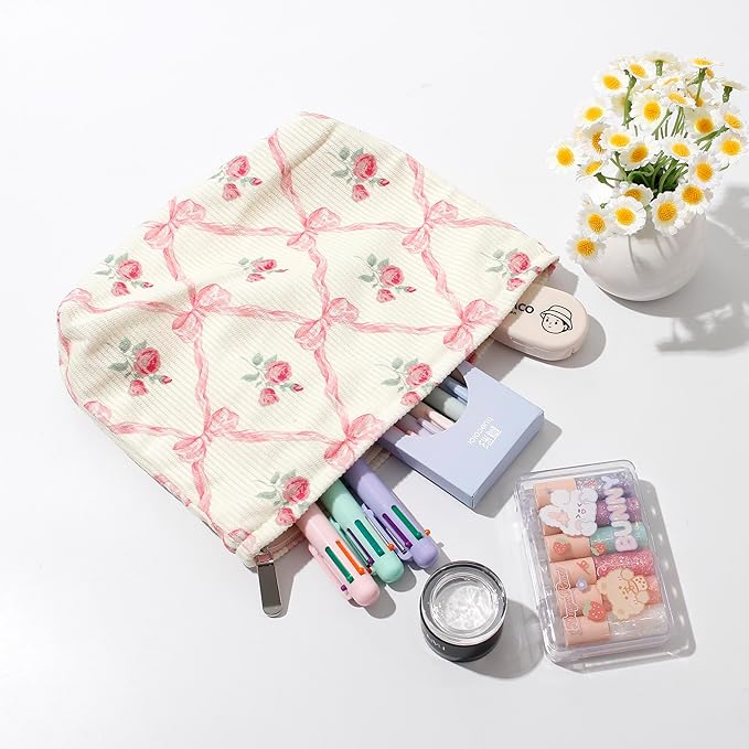 Cosmetic Bags for Women - Corduroy Cosmetic Bag Aesthetic Women Handbags Purses Smile Dots Makeup Organizer Storage Makeup Bag Girls Case Bags (Flowers-Bow)