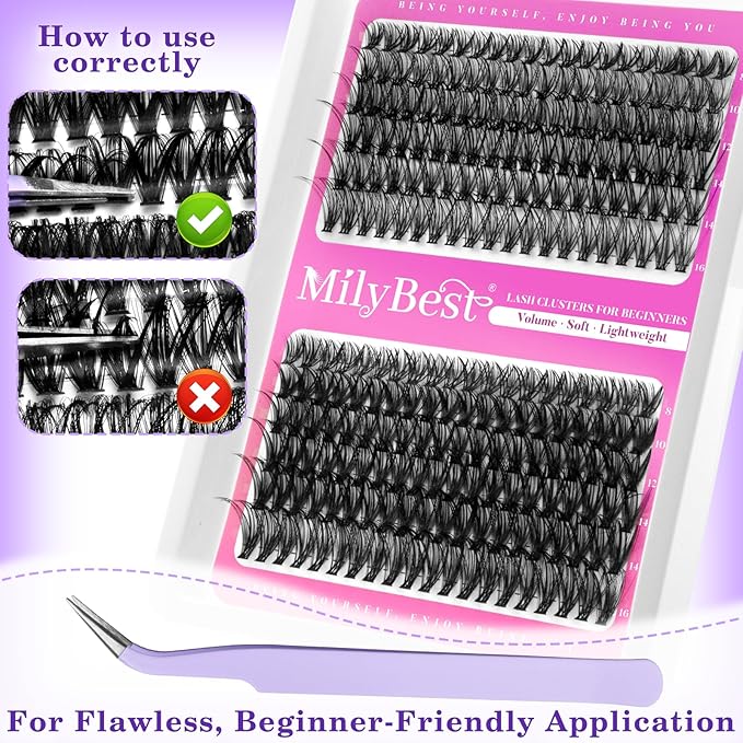 MilyBest Lashes Clusters Kit 684Pcs Bulk Wispy False Eyelash Extensions, Natural Lash Clusters D Curl Individual Eyelashes Volume, Wholesale 3 Large Packs with Lash Glue&Seal|Tweezers|Remover|Brush