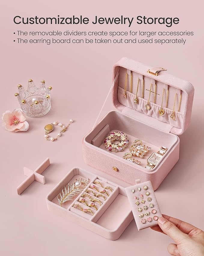 SONGMICS Jewelry Organizer Box, Travel Jewelry Case, 2-Layer Travel Case for Earrings, Necklaces, Bracelets - Portable Jewelry Storage with Large Capacity, Gift Idea, Jelly Pink UJBC166R02