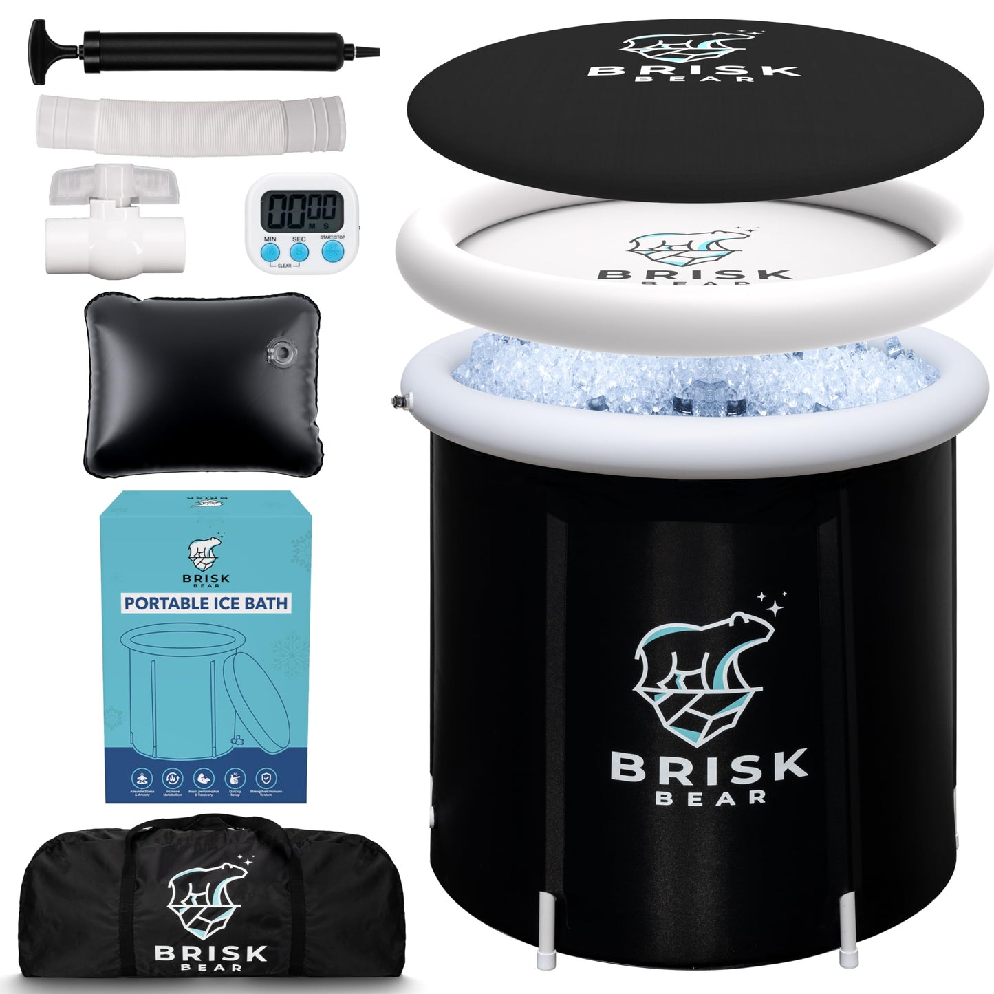 Ice Bath Tub for Athletes with Cover by Brisk Bear - Extra Large Cold Plunge Tub for Recovery - Inflatable Ice Bath Plunge Pool with Digital Timer - Cold Plunge to Soothe Muscles - Black Ice Tub