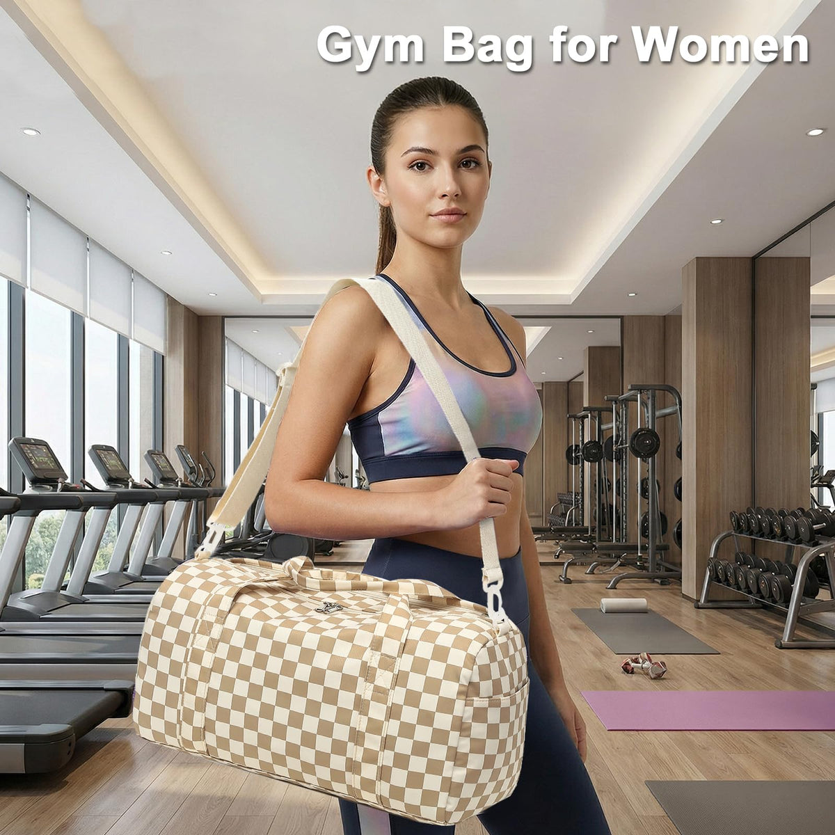 LEDAOU Duffle Bag Girls Kids Cute Dance Bag with Shoe Compartment Gym Bag with Wet Pocket Sports Overnight Travel Workout Bag (Checkered Brown-White)