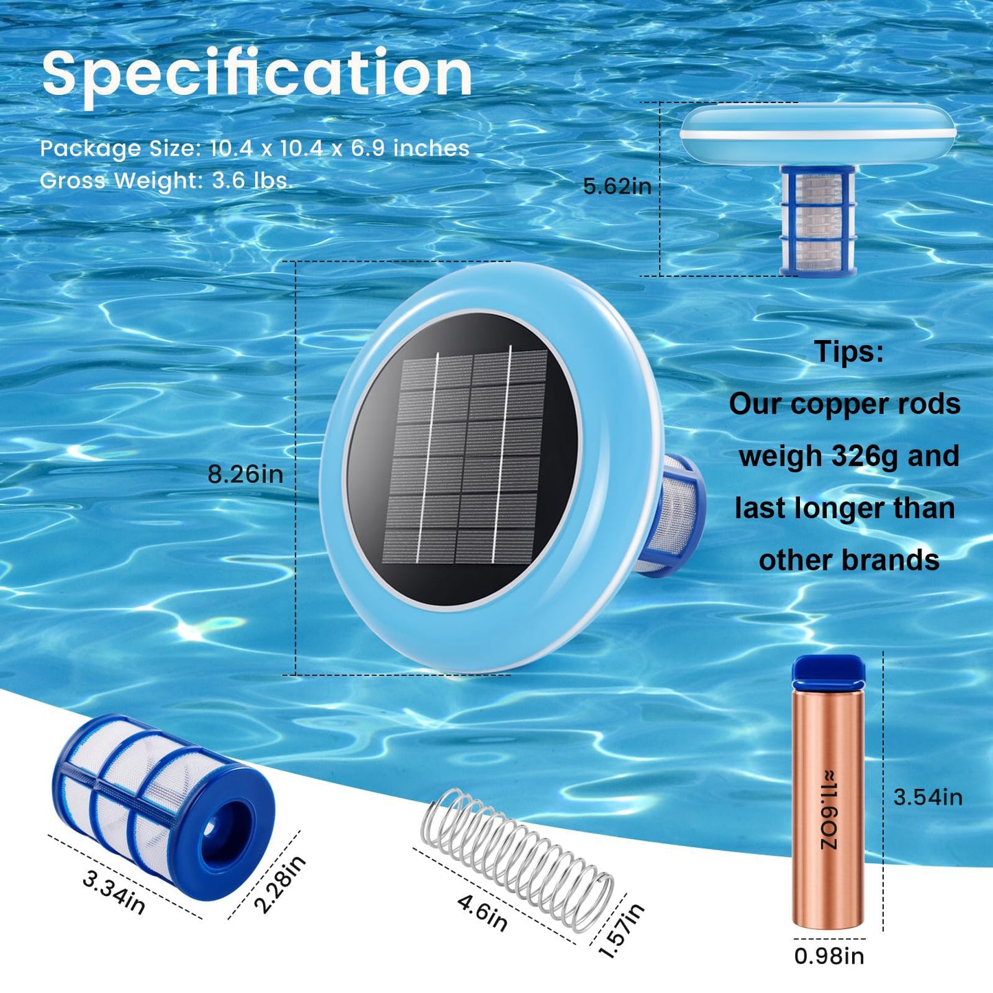 Pool Ionizer Solar Powered,Copper Ionization,Floating Automatic Water Cleaner and Purifier,Up to 45,000 Gal,85% Less Chlorine, Chlorine Free Water,Smart Replacement