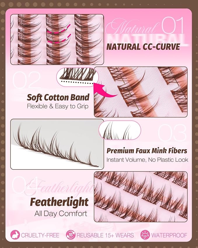 Brown Lash Clusters 8-12MM Wispy Eyelash Clusters Short Fairy Cluster Eyelash Extensions Natural Cluster Lashes Extensions Easy Wider-Band Anime Individual Lashes for Soft Glam (CC Curve, 144Pcs)