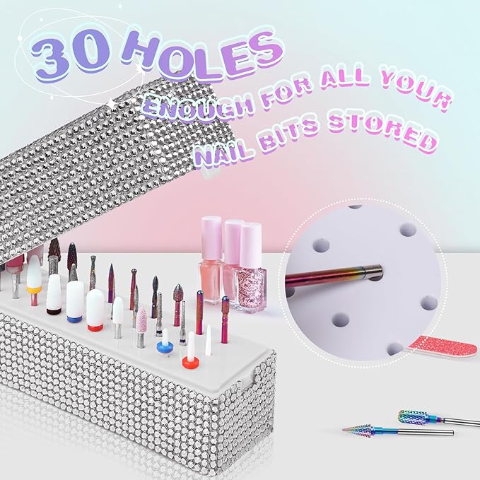 Nail Drill Bits Holder Box: 30 Holes Rhinestone Drill bit Holder Nail tech for Nail Drill bits Storage Dustproof Stand Displayer Organizer Case for Manicure Tools(Drill bits not Included) (Silver)