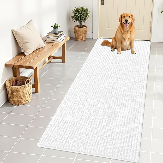 OLANLY Dog Door Mat for Muddy Paws 70x24, Ultra Absorbent Chenille Mud Doormat, Non-Slip Washable and Dirt Trapping Doormat for Indoor Entryway, Quick-Dry Indoor Pet Bed Mats for Dogs, White