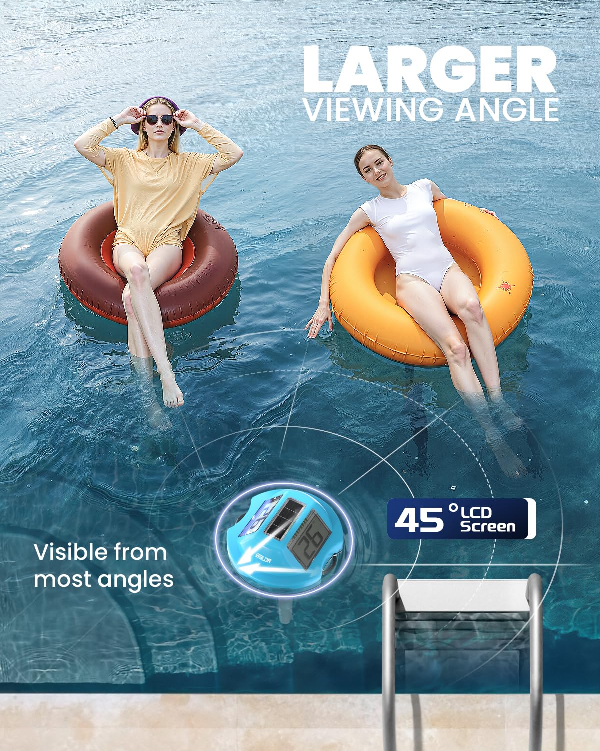 BALDR Pool Thermometer Floating Easy Read, Solar Digital Pool Thermometer with Dual Large Screens, IPX7 Water Temperature Gauge for Inground Above Ground Pools & Spas (Light Blue)