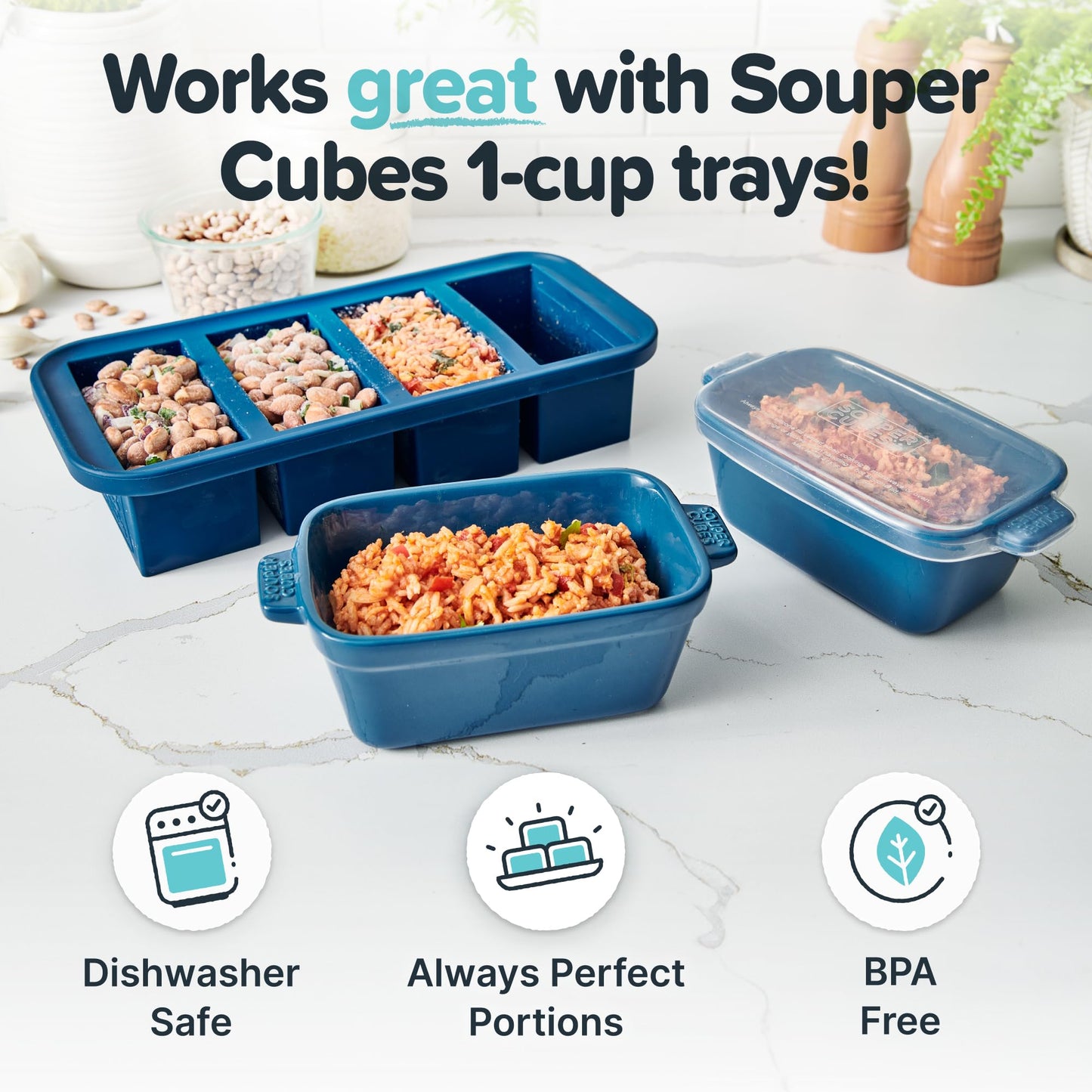 Souper Cubes Stoneware - Small Ceramic 5" x 3" Baking Dish with Silicone Covers, Small Baking Dishes for Oven Perfect for Reheating Single Serve Portions, Set of 4 - Blueberry