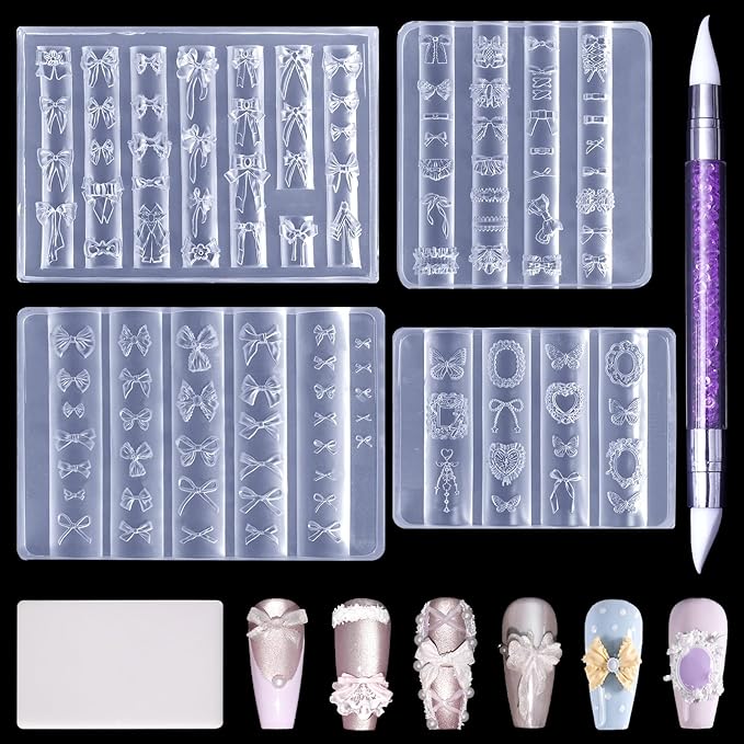 Laza 4pcs Silk Bowknot Silicone Nail Art Molds, Acrylic 3D Bowknot Nail Charms Molds Clear Modeling Templates Silicone Bow Pattern Nail Tools with Sculpture Pen for Salon Nail Design Resin Epoxy DIY