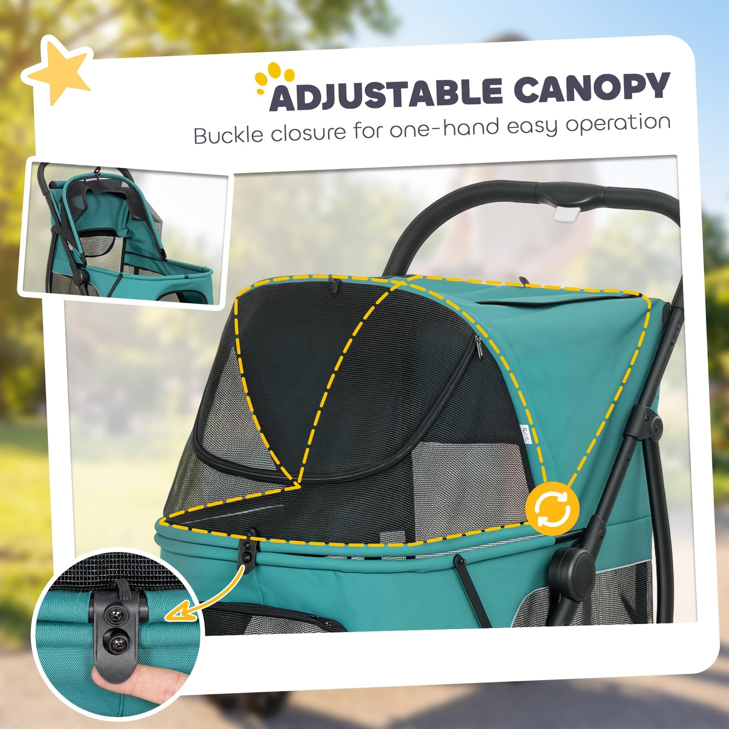 PawHut 3 Wheel Pet Stroller, Dog Stroller Dual Entry, Easy One-Click Quick Fold, All-Terrain Wagon Cart with Air Mesh, Washable Cushion, for Small and Medium Dogs and Cats Up to 44 lbs, Dark Green