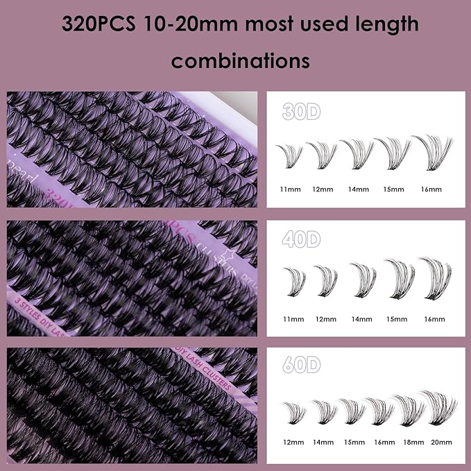 Ocean Pearl Lash Clusters 320PCS Natural Individual Lashes 11-20MM 30D 40D 60D Thick Volume Eyelash Extensions Soft Eyelashes Eyelash Clusters DIY Lash Extension-30+40+60D