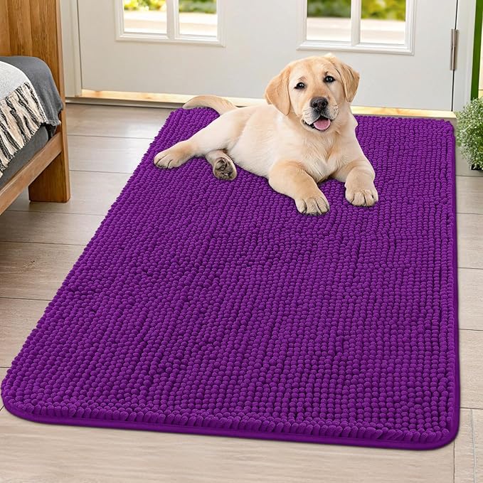 Smiry Dog Door Mat for Muddy Paws 40x32, Absorbs Moisture and Dirt Doormat, Non-Slip Washable Quick Dry Chenille Front Door Mat Indoor Entrance, Entryway Carpet for Inside Floor, Purple