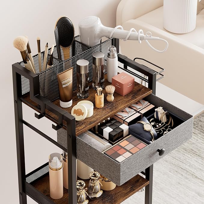 Bathroom Shelves with Drawer, 3 Tier Metal Rolling Standing Unit Storage Organizers with Toilet Paper Holder, Multifunctional Floor Corner Rack for Cosmetic, Dryer Curling Irons 12.8in Wide