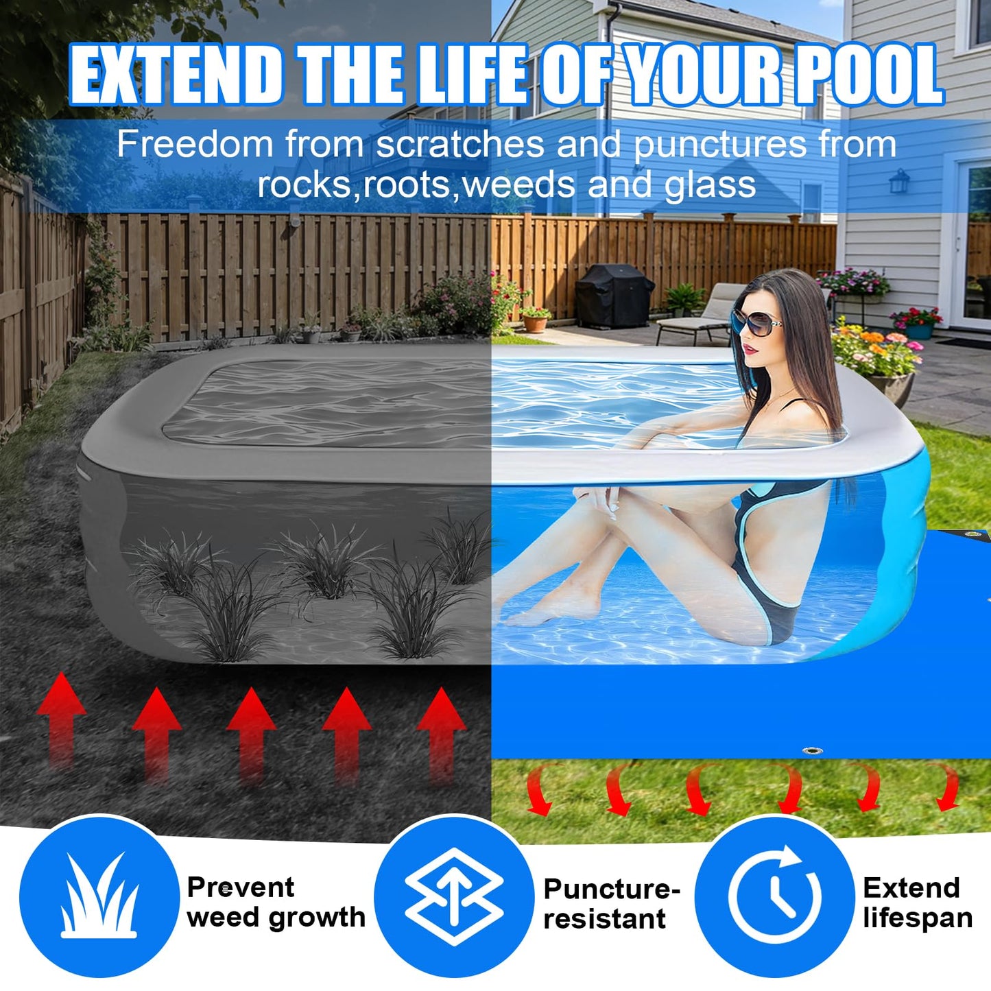Protection Tarp for Inflatable Tanning Pool Lounger Float 102.3"x72.8" Adults Pool Floats Pad Rectangle Inflatable Pool Liner Pad for Sunbathing Water Bed Lounge Tanning Chair Thickened Mat