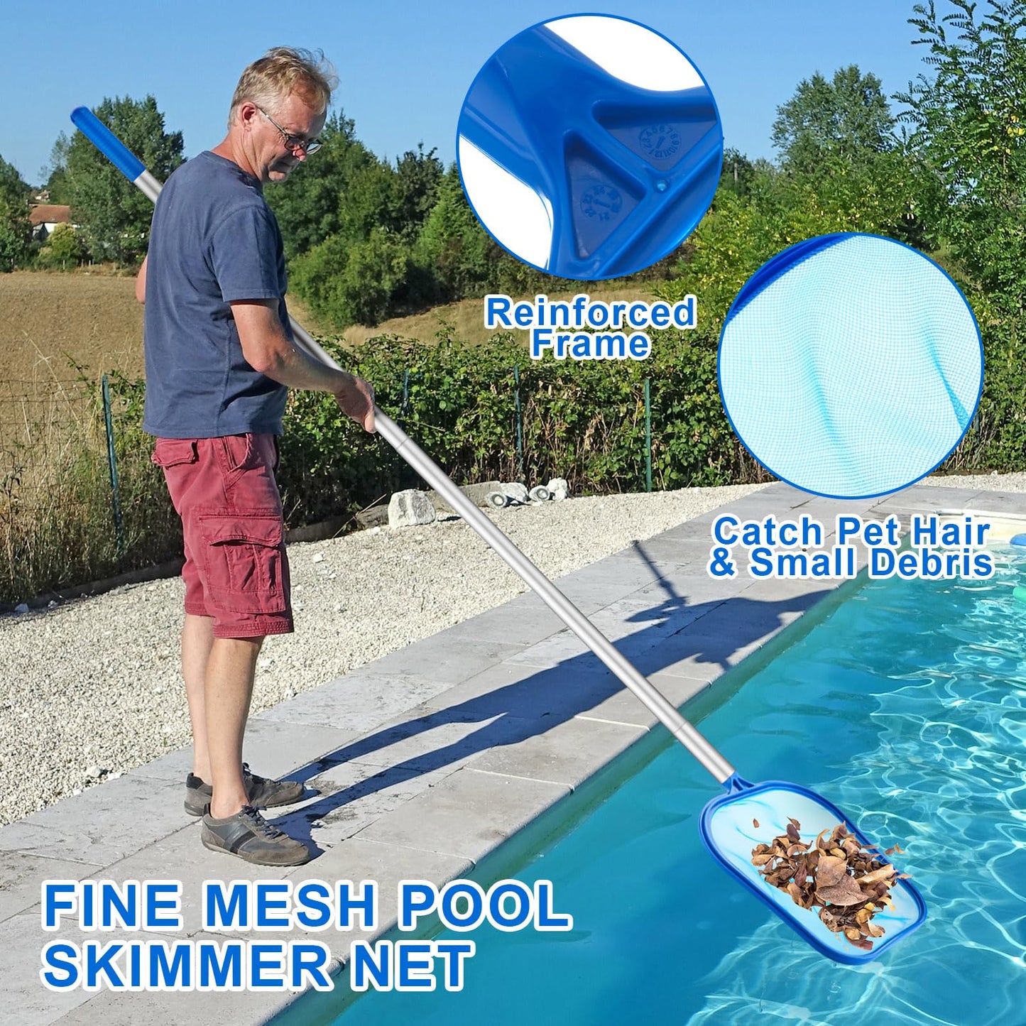 Potchen 3 Pcs Pool Cleaning Kit with Hand Skimmer Net, 47.24" Aluminum Pole and 17.5" Long Pool Brush Maintenance Accessory Tool for Above Ground Inground Ponds Home Tubs Spa