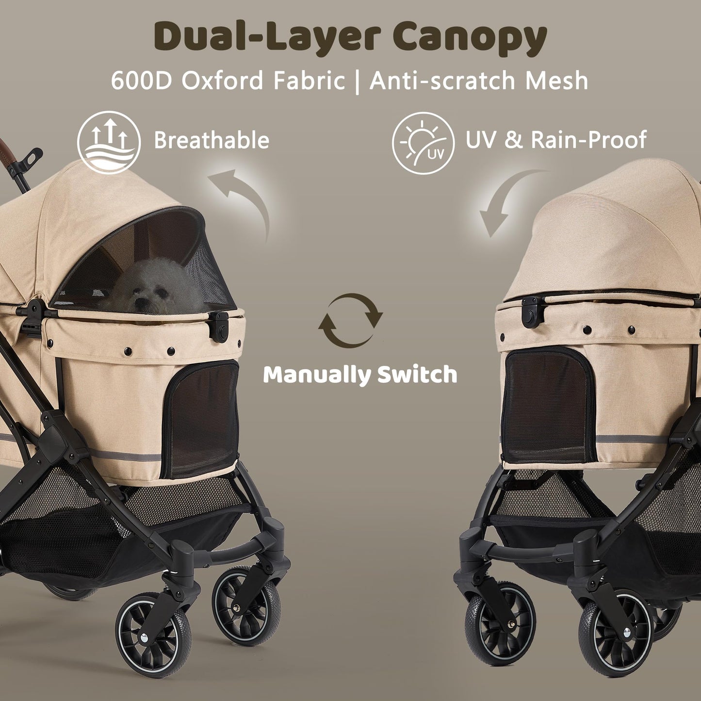 Kicari All-Terrain Dog Stroller for Small to Medium Dogs, Pet Stroller for Dogs & Cats Outdoor Walks, One-Hand Easy Fold, Double-Layer Anti-UV & Waterproof Canopy & Breathable Mesh, Vanilla Beige