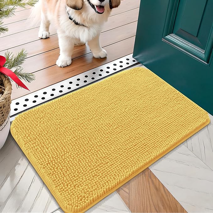 OLANLY Dog Door Mat for Muddy Paws 30x17, Absorbs Moisture and Dirt, Absorbent Non-Slip Washable Doormat, Quick Dry Chenille Mud Mat for Dogs, Entry Indoor Entryway Carpet for Inside Floor, Yellow