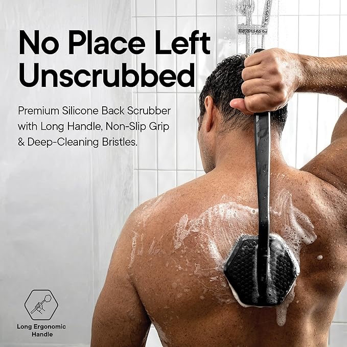TOOLETRIES Silicone Back Scrubber for Shower, Exfoliating Body & Bath Brush, Long Ergonomic Handle, Non-Slip Grip for Hard-to-Reach Areas, Hygienic Silicone Bath Accessory for Men & Women - Charcoal