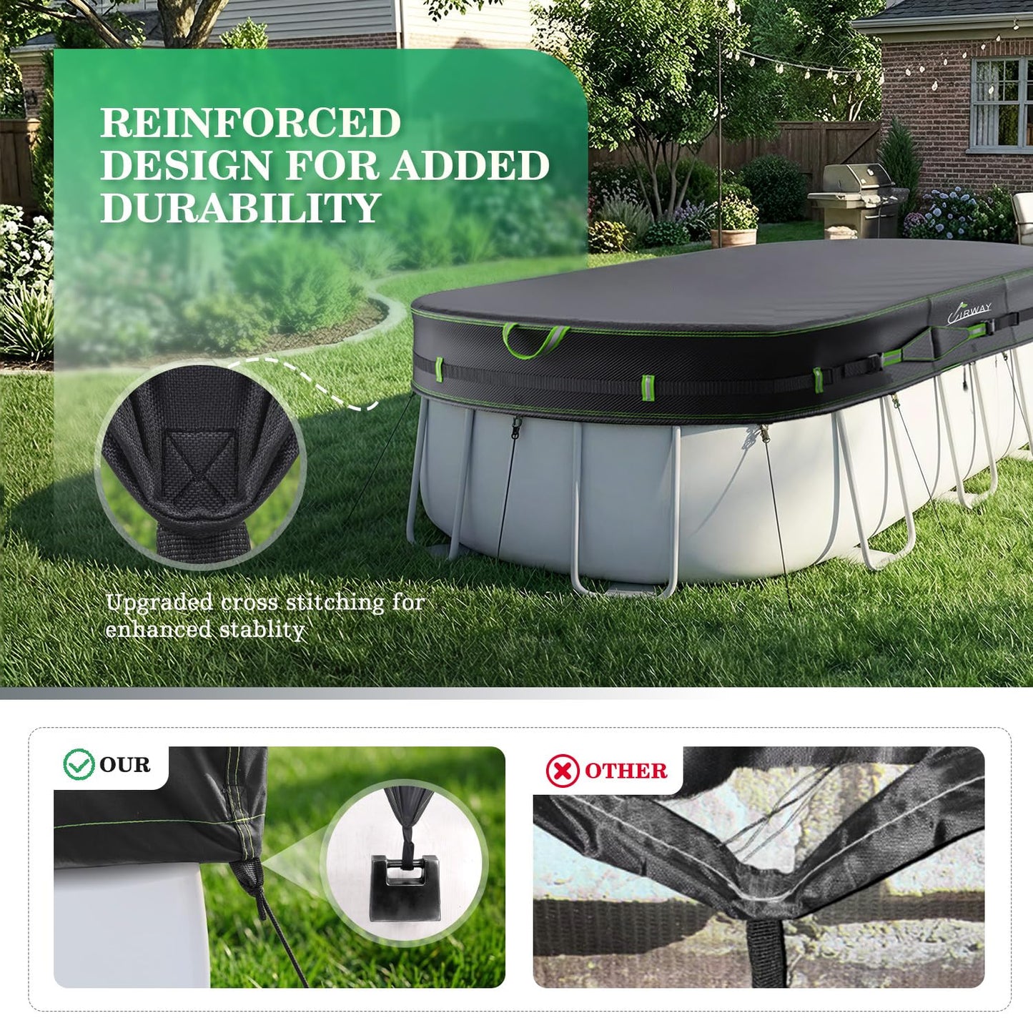 UIRWAY 500D Pool Cover 10x16FT Oval [2026 Upgraded Heavy Duty Fabric] Solar Pool Covers for Above Ground Pools, Swimming Pool Covers Including Windproof Straps and Luminous Ground, UV Resistant