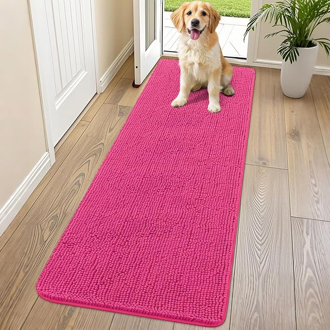 Smiry Dog Door Mat for Muddy Paws 70x24, Absorbs Moisture and Dirt Doormat, Non-Slip Washable Quick Dry Chenille Front Door Mat Indoor Entrance, Entryway Carpet for Inside Floor, Hot Pink