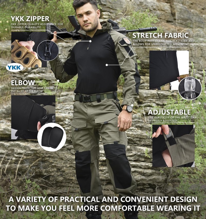 TACTICS ARMOR Tactical Shirt Men's Combat Shirt Tactical Military Camo Long Sleeve Suitable for Airsoft Paintball with Elbow Pads and Pockets