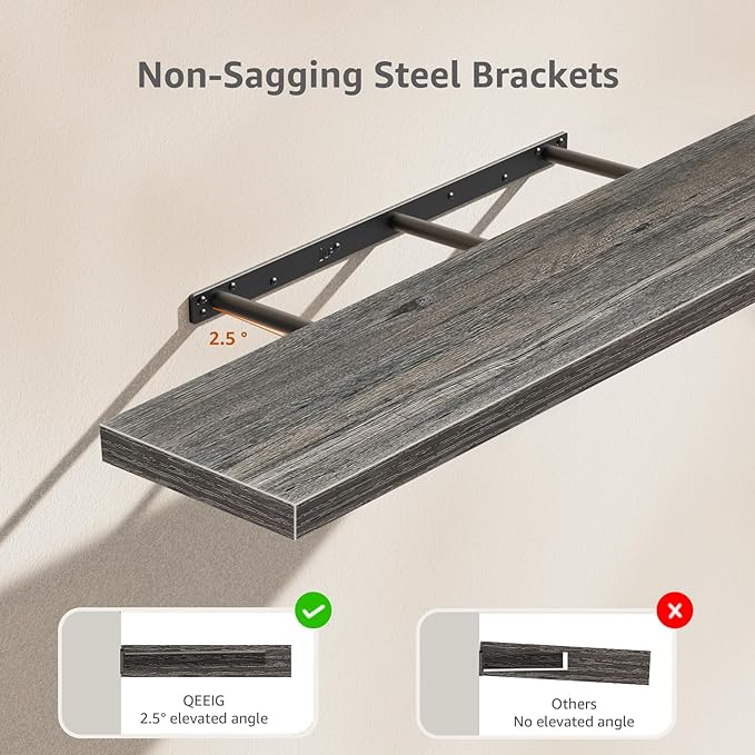 QEEIG Floating Shelves for Wall 47.2" Extra Long - Wall Mounted Shelf Bathroom Kitchen Living Room Bedroom Farmhouse Home Decor Display Bookshelf Large 47.2 x 9.3 inch Set of 2, Grey (008-120GY)