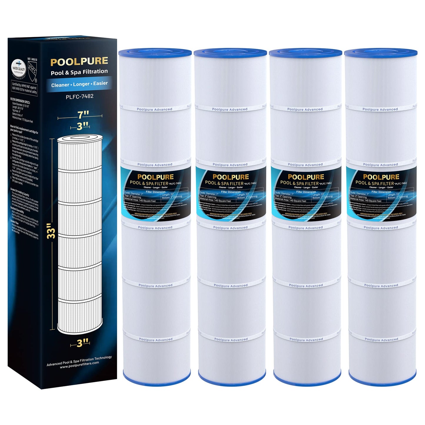 POOLPURE C-7482 Pool Filter Replaces Jandy CL580, CV580, PJAN145, Ultral-A10, Unicel C-7482, Filbur FC-0820, A0104100, R0357900, Filbur FC-6415, SD-01109, 145 sqft Filter Cartridge 4 Pack