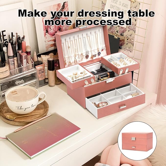 Dajasan Jewelry Organizer Box, Large Jewelry Boxes for Women Girls, Compact 3 Layers Jewelry Storage Case with Drawer, Gift Idea for Christmas, Valentine's Day, Birthday, Mother's Day (Rose Gold)