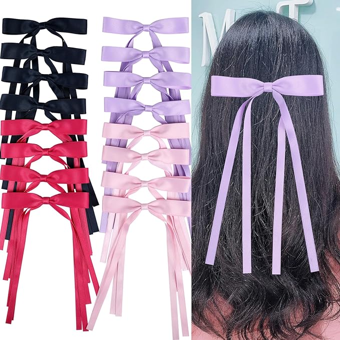 Hair Bows Clips Coquette Ribbon Bowknot with Long Tail Princess Hair Bows French Barrettes Hair Accessories for Women Girls 16PCS (Rose red, Dark Blue, Purple, Pink)