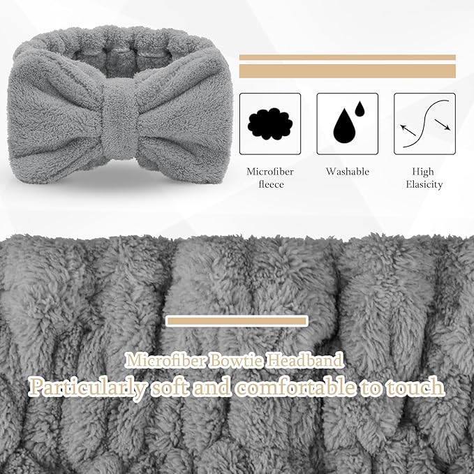 3 Pieces Towel Headbands for Women Makeup Headband for Washing Face Makeup Spa Headband, Microfiber Bowtie Shower Headband for Women (Light Coral, Grey, White)