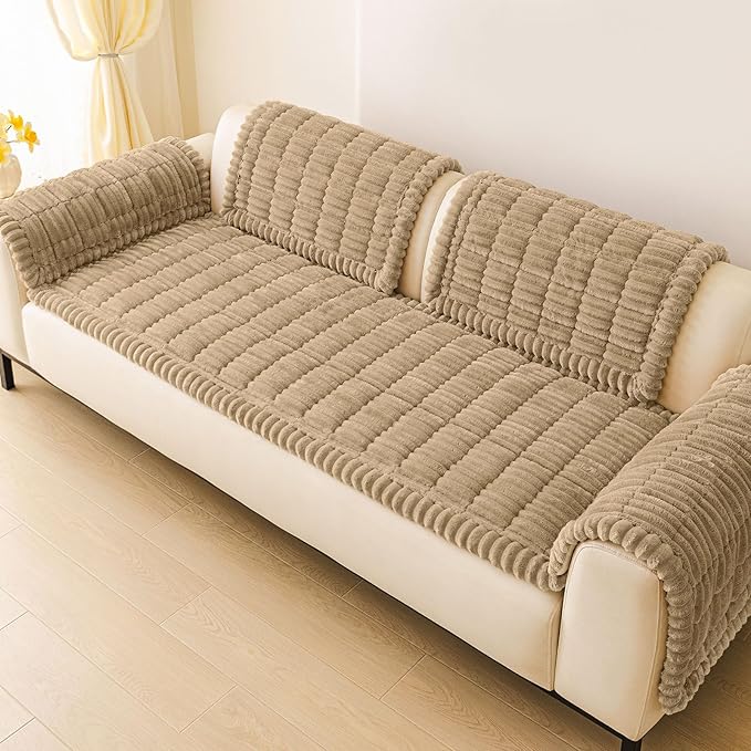 hyha Couch Covers for Dogs Washable, Non Slip Plush Dog Sofa Protectors, Fuzzy Pet Couch Covers for 3 Cushion Sofa Pet Friendly (Khaki, 27.6" x 70.9")
