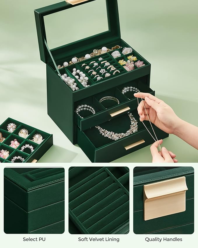SONGMICS GISELLA Collection - Jewelry Box Organizer, 4-Layer Jewelry Storage with 3 Drawers, Shiny Metal Hardware, Glass Lid, Modern, 6 x 9.9 x 8.5 Inches, Forest Green and Gold Color UJBC161G01