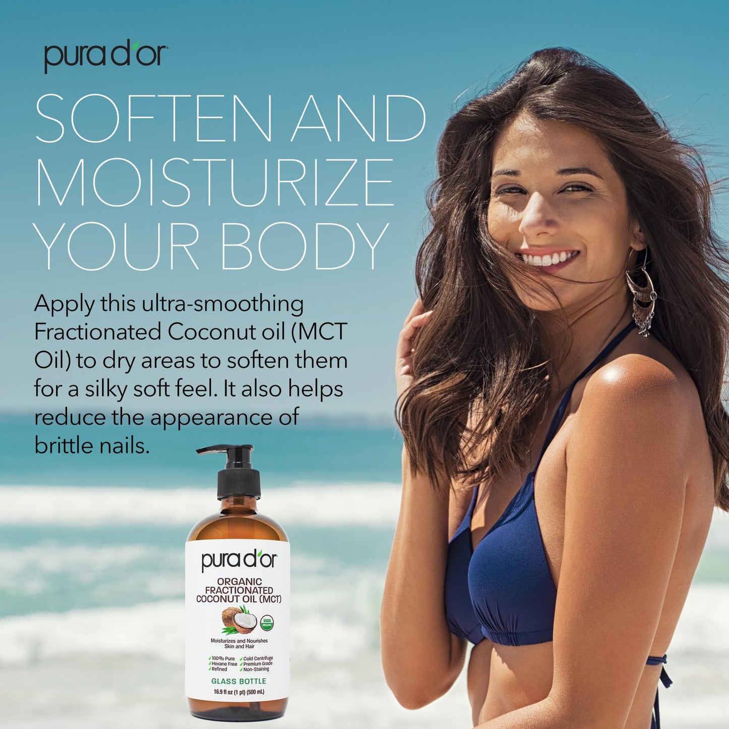 PURA D'OR ORGANIC Fractionated Coconut Oil MCT Oil (16.9 Oz GLASS BOTTLE) 100% Pure & Natural USDA Certified Cold Pressed - Unscented, Hexane Free Moisturizer For Face, Skin & Hair Tonic - Men & Women