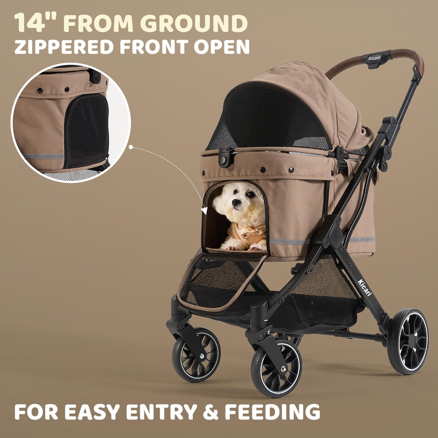 Kicari All-Terrain Dog Stroller for Small to Medium Dogs, Pet Stroller for Dogs & Cats Outdoor Walks, One-Hand Easy Fold, Double-Layer Anti-UV & Waterproof Canopy & Breathable Mesh, Mocha Brown