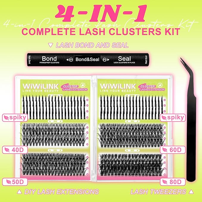 Lash Clusters Kit 40D+50D+60D+80D Individual Spikes Lashes 480 PCS 12-18mm Spiky Manga Eyelash Clusters D Curl DIY Eyelash Extension Kit with Cluster Lash Bond & Seal for Anime Eyelashes by WiWiLINK