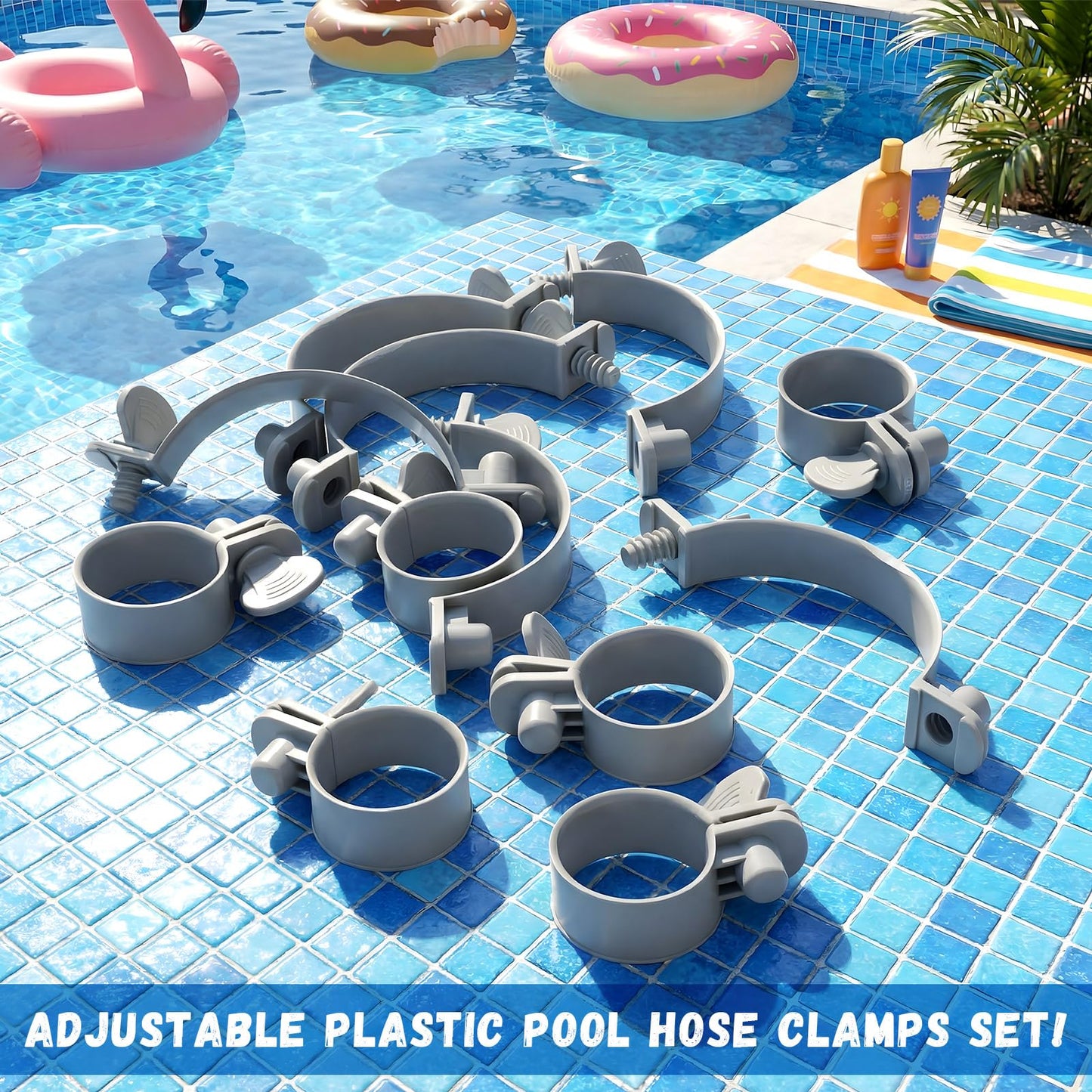 Joyfolk 12 Pcs Adjustable Plastic Hose Clamps for 1.25''-1.5'' Above Ground Swimming Pool Replacement Thumb Clips Screw Key Hose Clamps Plastic Filter Pump Connector Clips