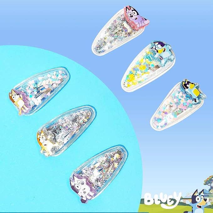 LUV HER Bluey Hair Accessories For Girls, 6pc Cute Hair Clips with Favorite Bluey Character Charms, Magical Confetti Hair Clips, Ages 3+