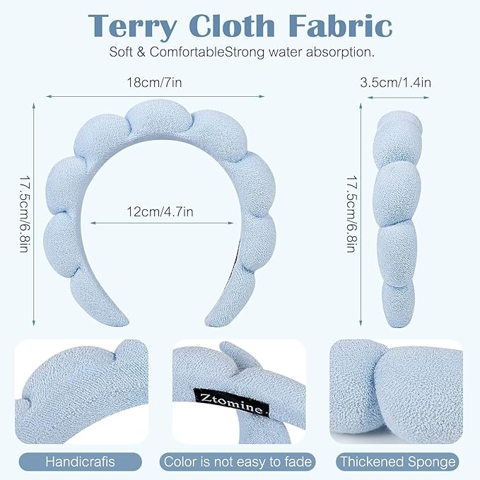 Headbands, Set of 2 - Terry Cloth Spa Headbands for Face Washing, Makeup Removal, or Facial Mask Usage, Dark Khaki + Blue