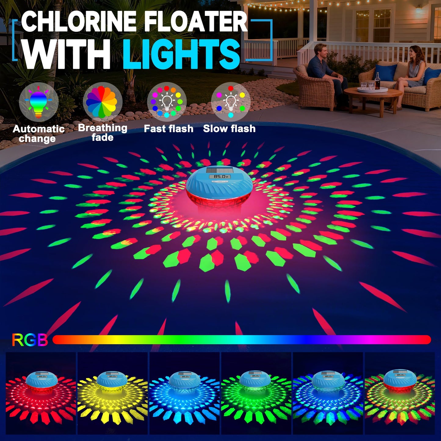 AquClor 2026 Upgraded Pool Chlorine Floater with Thermometer,Digital Screen Solar Chlorines Floaters w/Light,Chlorine Floater w/Adjustable Release,Floating chlorines Dispenser for Pool,Hot Tub,Blue