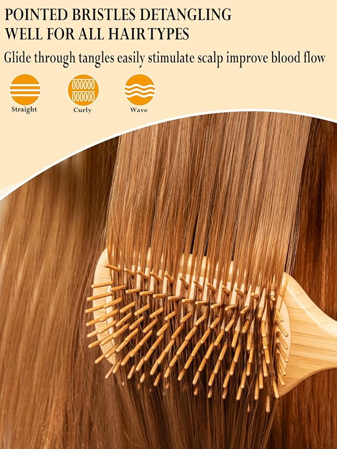 Bamboo Hair Brush for Men Women Detangling Thick Curly Hair, Natural Bamboo Bristles Wooden Paddle Hairbrush with Ergonomic handle for All Hair Types