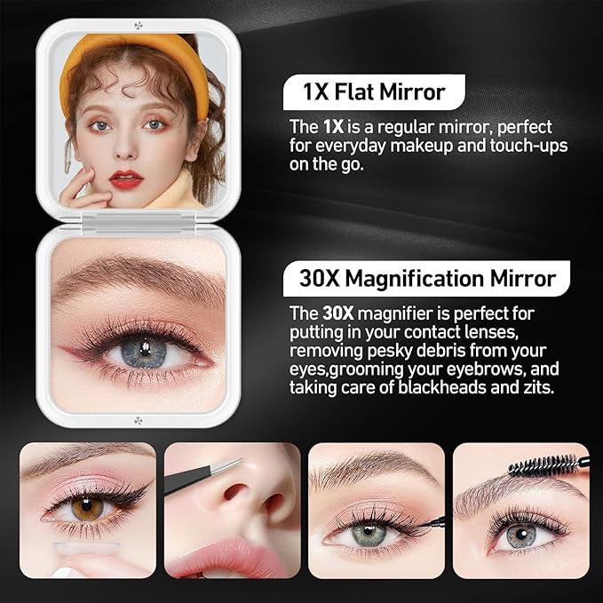 30X Magnifying Mirror, Compact Travel Mirror for Purse & Pocket, Double-Sided 1X/30X HD Makeup Mirror with Tweezers - Portable Mirror for Eyebrow Plucking, Daily Beauty & Travel Essentials, Black