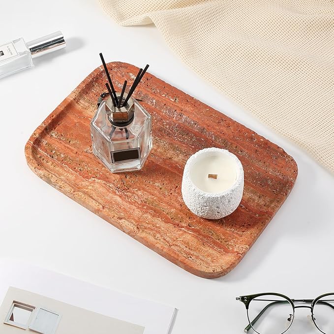 Koville Red Travertine Tray, 12"x8" Natural Stone Vanity Tray for Countertop Bathroom Kitchen Dresser, Decorative Marble Catchall Trays for Perfume Jewelry, Rectangular Serving Tray