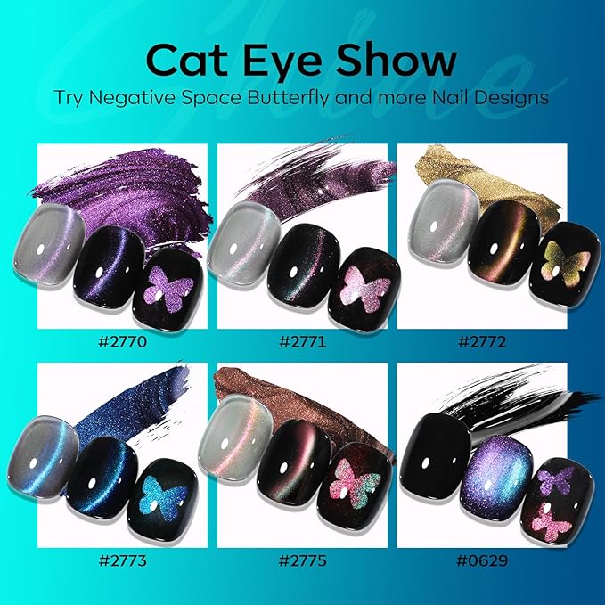 modelones Cat Eye Gel Nail Polish Set, 6 Colors Holographic Colorful Rainbow Glitter 9D Cateye Magnetic Gel Polish Black Purple Blue Green Yellow Coral Pink Nail Polish W Magnet Soak Off LED DIY Gift