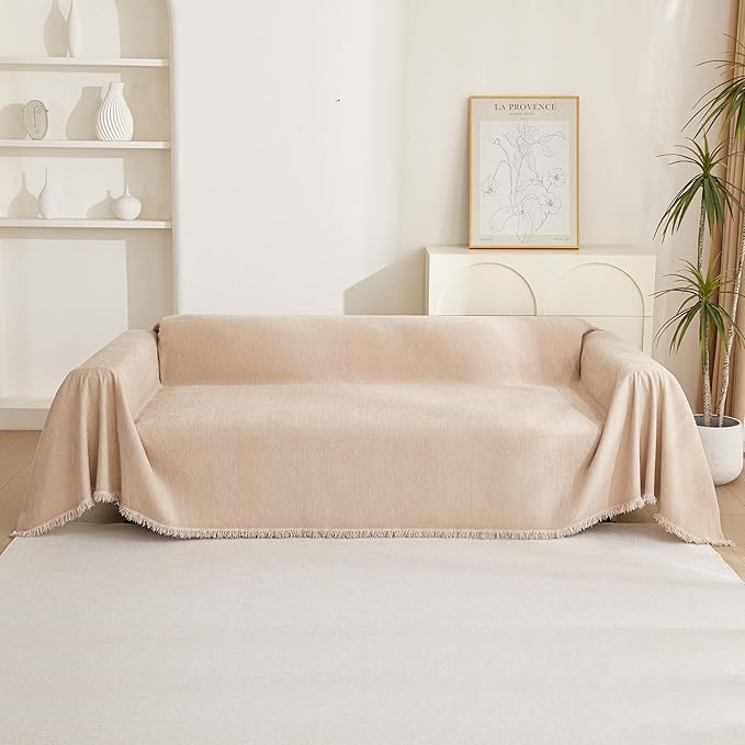 MYSKY HOME Khaki Sectional Sofa Covers Chenille Couch Cover for Dogs Solid Sofa Cover for 3 Cushion Couch Washable Couch Covers with Tassel Edge L Shape Sofa Throw Large Sofa Slipcover, 71" X134"