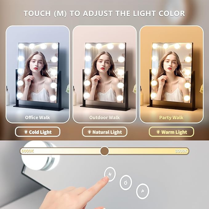 Vanity Mirror with Lights,Makeup Mirror with Lights,3 Color Lighting Modes Detachable 10X Magnification Mirror Touch Control,360°Rotation,White